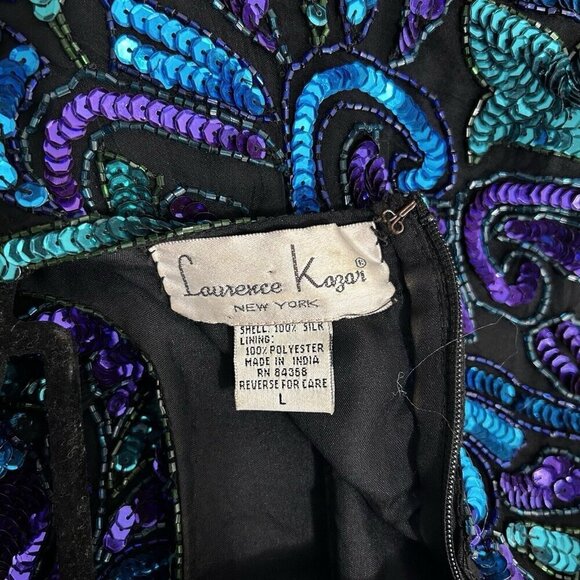 Sequin Top Black Blue Green Laurence Kazar Glam Evening New York Vintage Size L - Picture 9 of 11